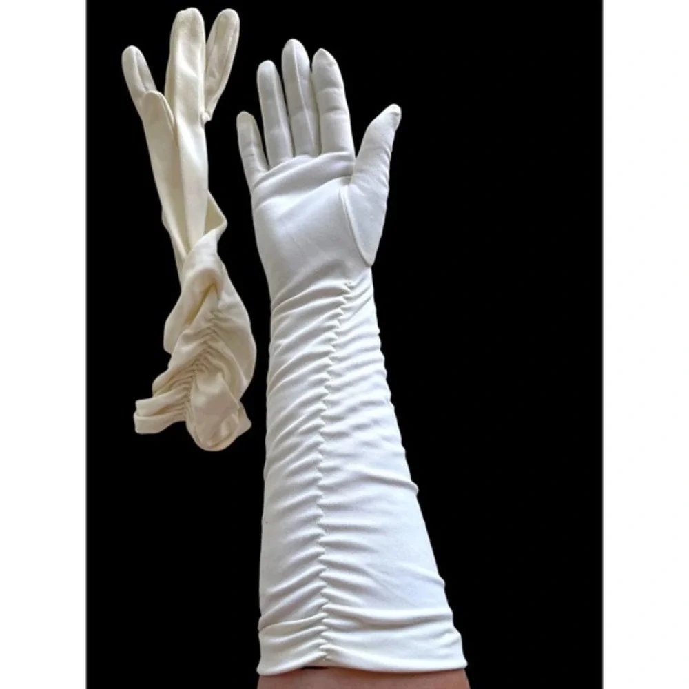 Vintage 1980’s White Ruched Cotton Gloves Formal Prom Costume Size 7